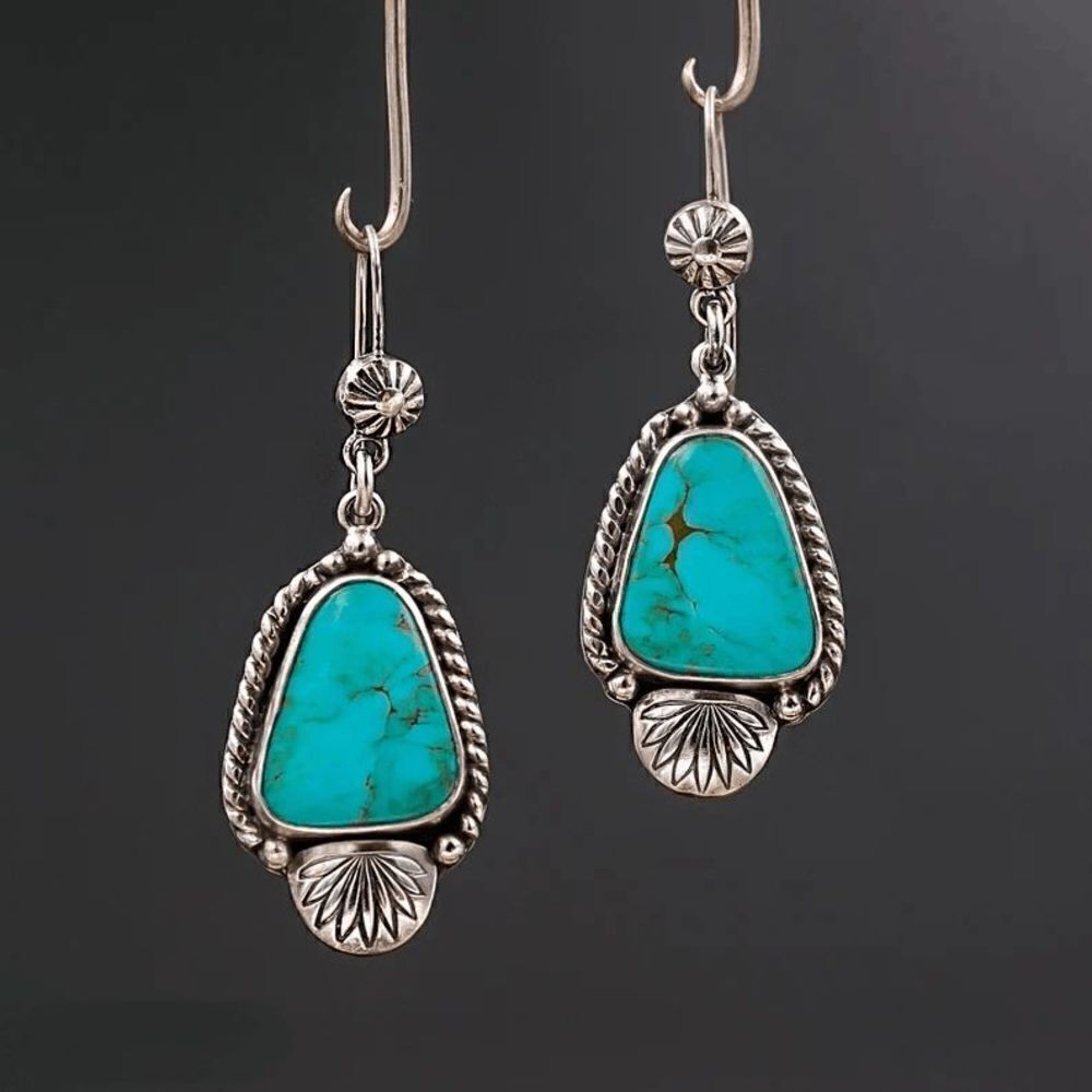 SILVER TURQUOISE WESTERN BOHO TRIBAL DANGLE EARRINGS